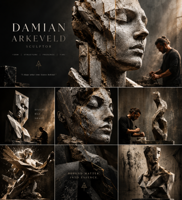 Collection of contemporary stone sculptures by Damian Arkeveld showing figurative and abstract works