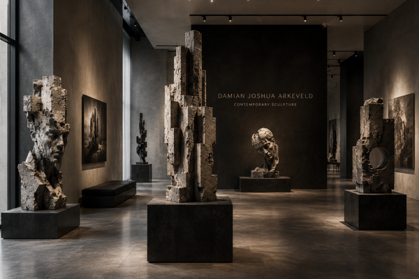Damian Joshua Arkeveld solo exhibition with dramatic dark gallery space featuring contemporary stone sculptures
