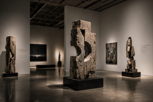 Gallery installation view with large abstract and figurative stone sculptures on dark pedestals under dramatic lighting