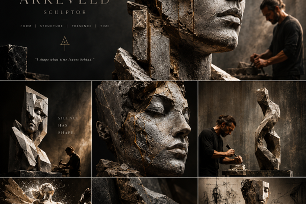 Collection of contemporary stone sculptures by Damian Arkeveld showing figurative and abstract works